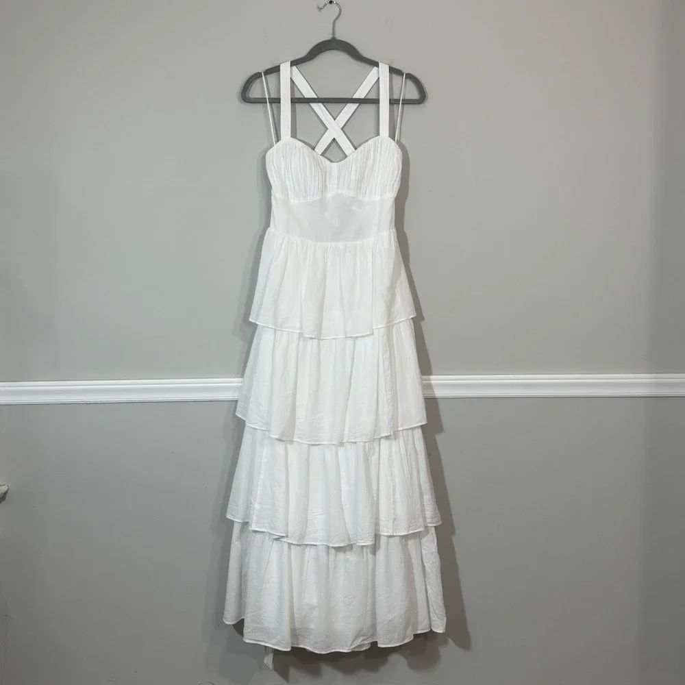 Abercrombie & Fitch COTTON Tiered White Maxi Dress Sz M Smocked Bodice Wedding
